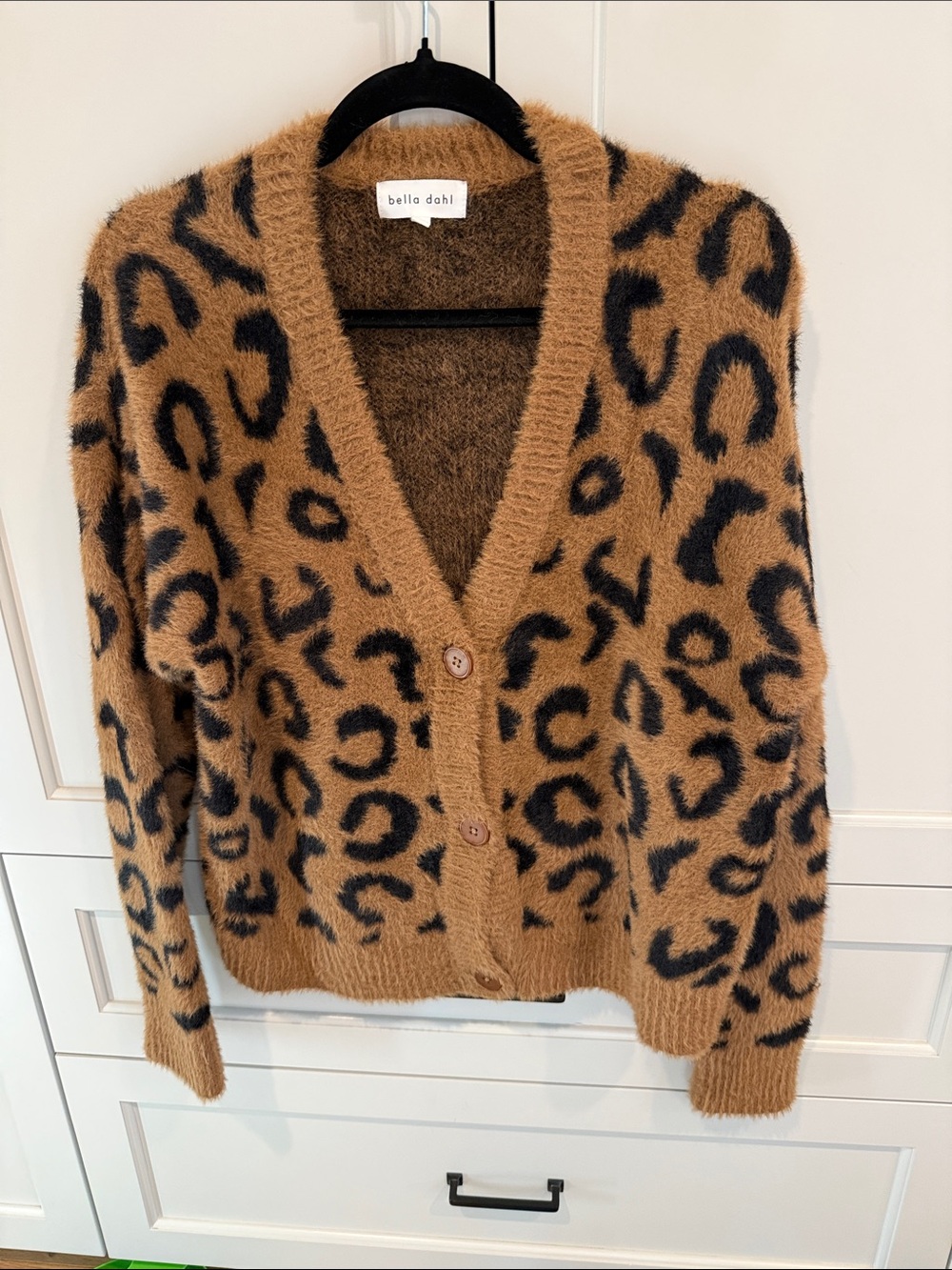 Bella Dahl Tan and Black Leopard-Print Fuzzy V-Neck Cardigan